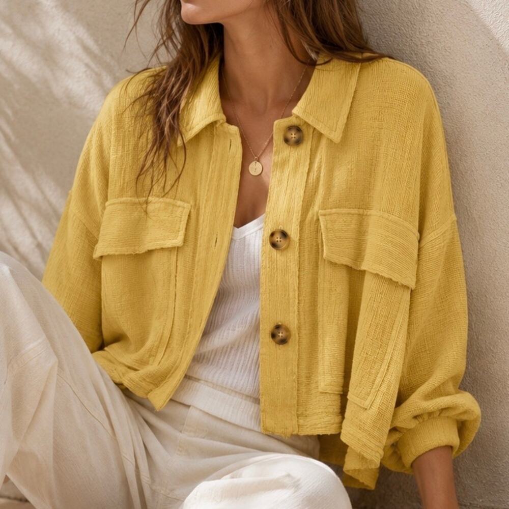 BUCKET LIST | Yellow Textured Button-Down oversized  Shacket Lightweight I Small